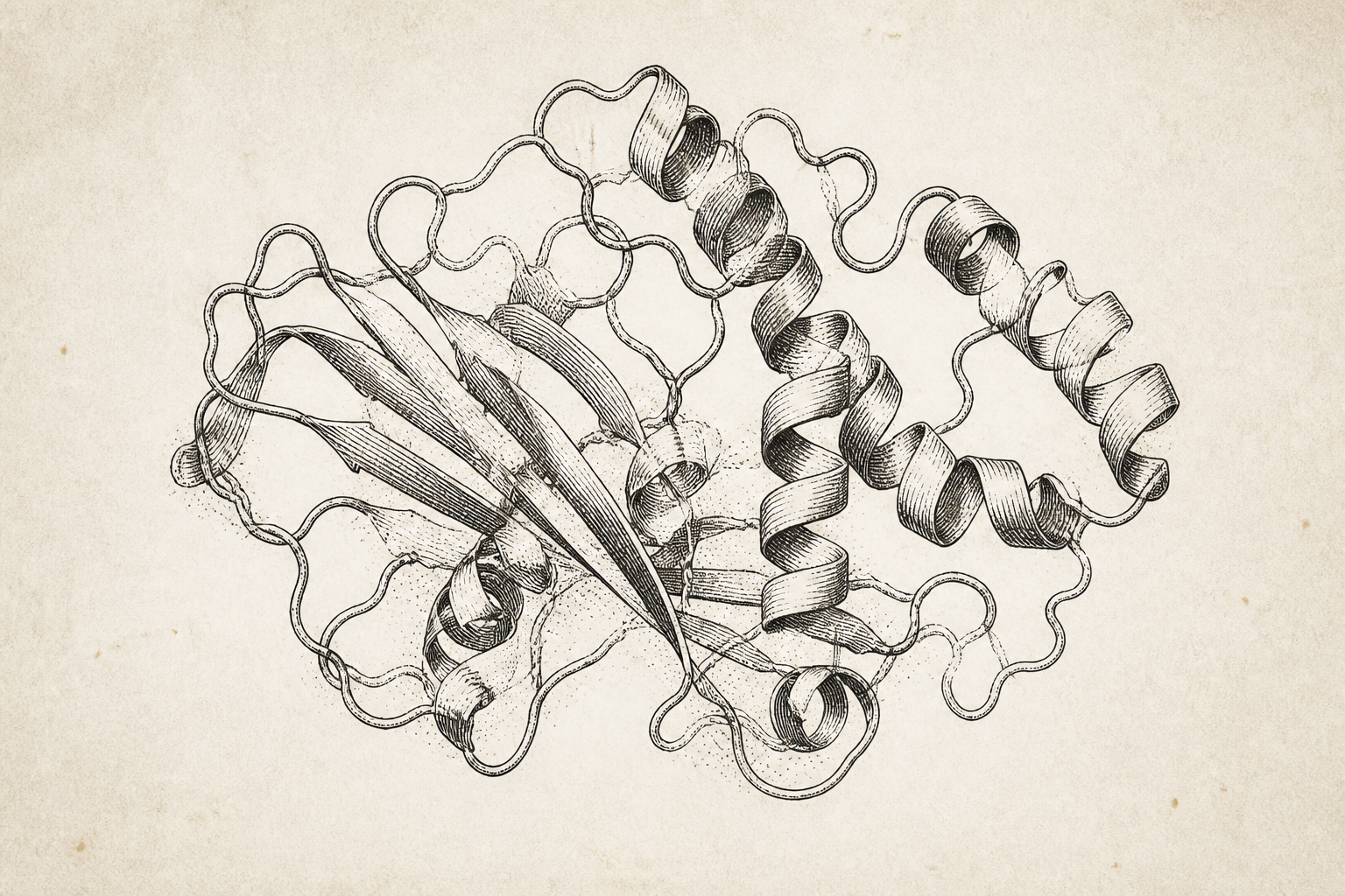 An antique black-and-white scientific engraving of an open folded protein structure